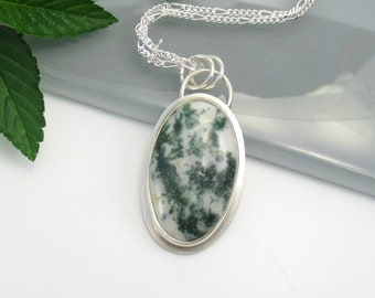 Tree Agate Gemstone Pendant with 18 inch Sterling Silver Chain