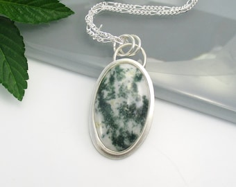 Tree Agate Gemstone Pendant with 18 inch Sterling Silver Chain