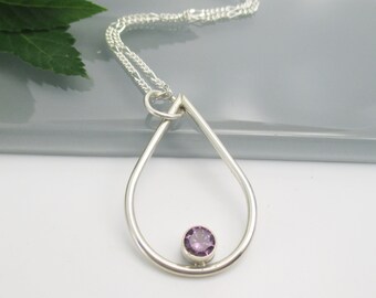 Silver Teardop Pendant with 6mm Purple Cubic Zirconia, hangs on 18 inch Sterling Silver Chain