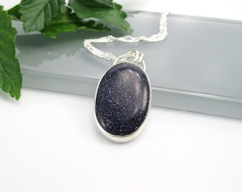 Blue Goldstone Pendant Necklace with 18 inch Sterling Silver Chain