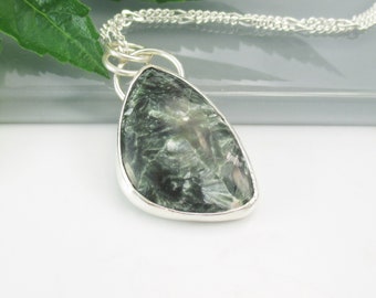 Seraphinite Gemstone Pendant Necklace with 18 inch Sterling Silver Chain