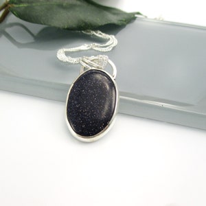 Blue Goldstone Pendant Necklace with 18&quot; Sterling Silver Chain