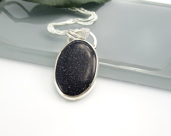 Blue Goldstone Pendant Necklace with 18" Sterling Silver Chain