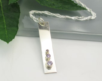 Modern Rectangle Bar Pendant Necklace with Lavender Cubic Zirconia, Sterling Silver