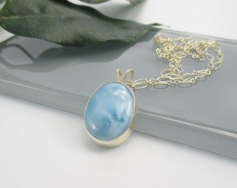 Larimar Gemstone Pendant set in Sterling and Fine Silver with 18 inch Sterling Silver Chain