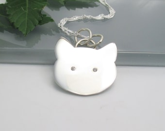 Sterling Silver Cat Pendant with Cubic Zirconia Eyes with 18 inch Sterling Silver Chain