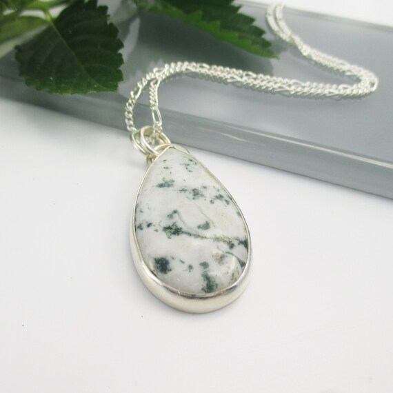 Tree Agate Gemstone Pendant Necklace with 18 inch Sterling Silver Chain