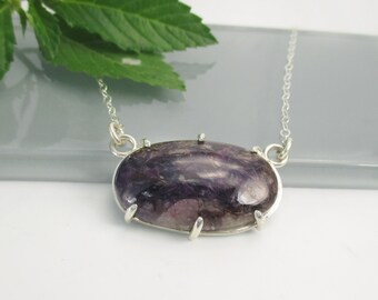 Charoite Gemstone Pendant Necklace with 18 inch Sterling Silver Chain