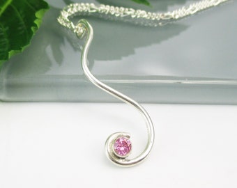 Sterling Silver Open Spiral Pendant with Pink Cubic Zirconia and 18 inch Sterling Silver Chain