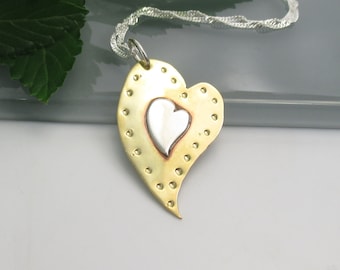 Sterling Silver and Brass Stamped Heart Pendant with 18 inch Sterling Silver Chain