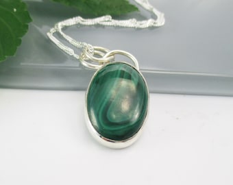 Malachite Gemstone Pendant set in Fine Silver with 18 inch Sterling Silver Chain