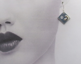 Crescent Moon Earrings, Sterling Silver and Gold with Cubic Zirconia