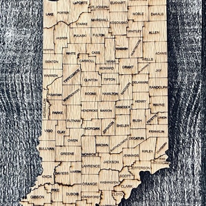 État numérique de l’Indiana avec carte des comtés SVG, PDF, DXF et EpS Puzzle File, gravure et découpe laser