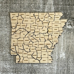 État numérique de l’Arkansas avec carte des comtés SVG, PDF, DXF et EpS Puzzle File, gravure et découpe laser