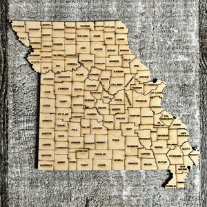 État numérique du Missouri avec carte des comtés Fichier de puzzle SVG, PDF, DXF et EpS, gravure et découpe au laser