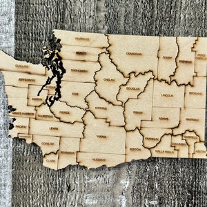 État numérique de Washington avec carte des comtés, fichiers de puzzle SVG, PDF, DXF et EpS de villes indépendantes, gravure et découpe au laser