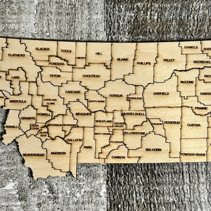 État numérique du Montana avec carte des comtés Fichier de puzzle SVG, PDF, DXF et EpS, gravure et découpe au laser