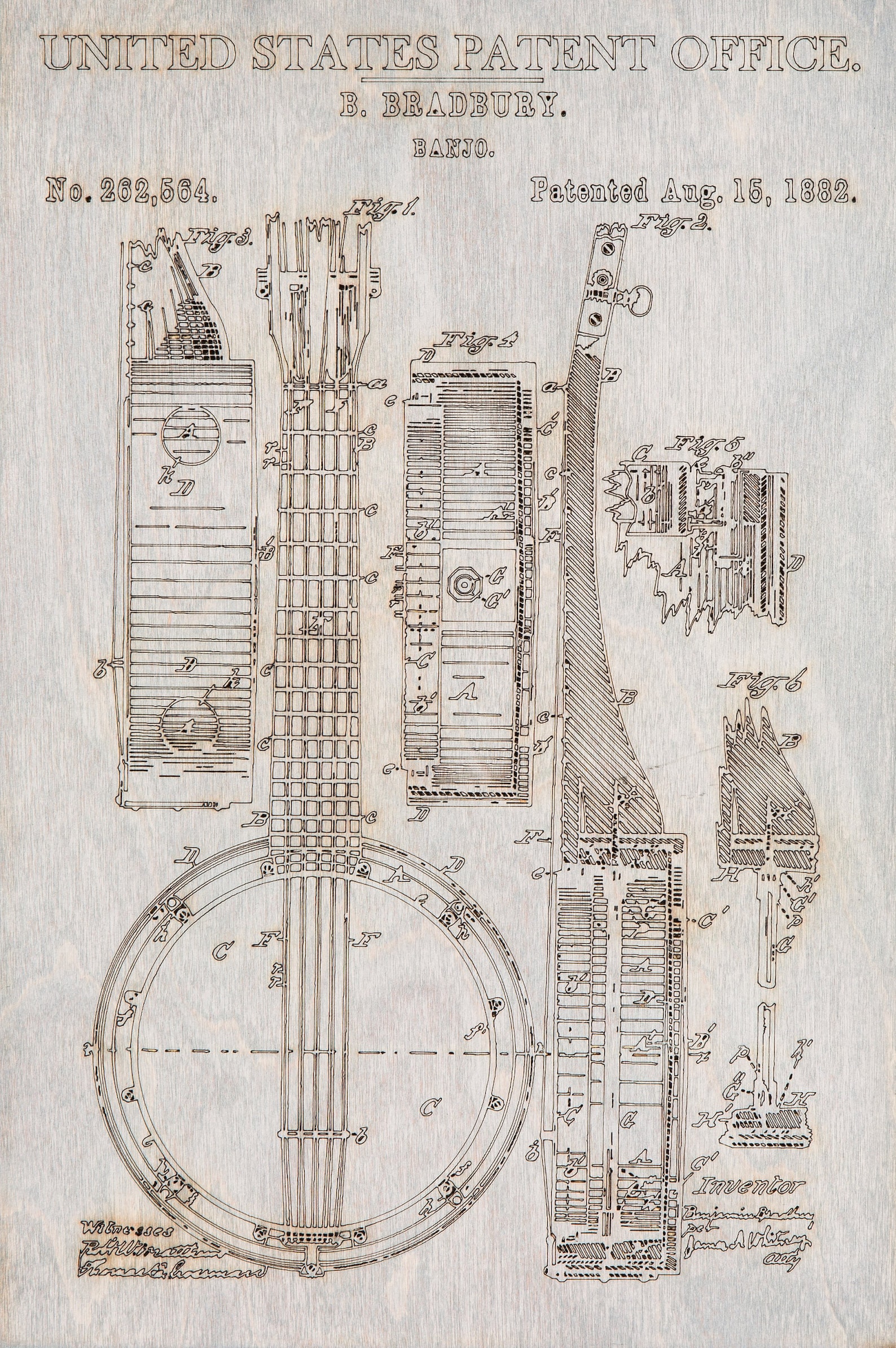 wood engraving with a banjo on it