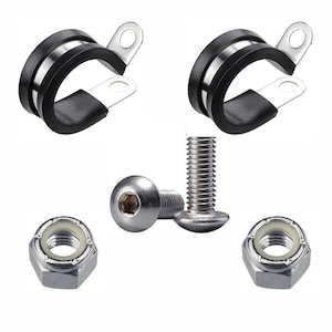 May include: An assortment of hardware components, including two black and silver cable clamps, two hex head bolts, two nuts with white inserts, and a single bolt with a rounded head. The items are arranged against a white background.