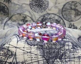 Handmade Light Purple Mystic Aura Quartz Glass Bead Bracelet (7.5 inch)