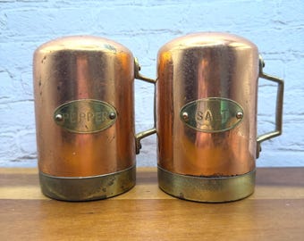 Vintage Handled Brass and Copper Salt and Pepper Shakers, Set of 2