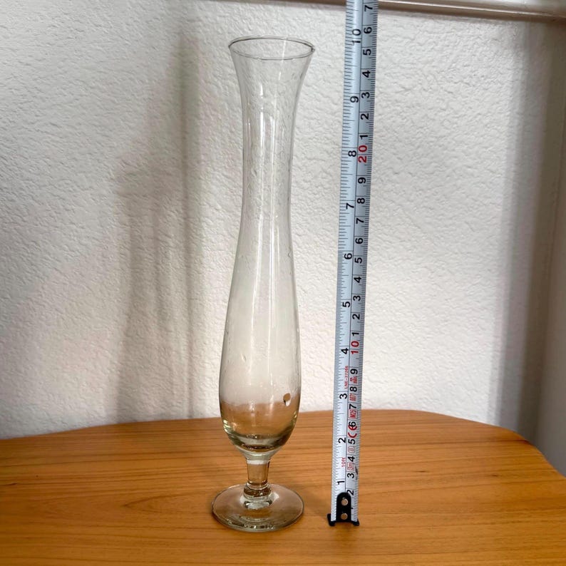 Pu&ograve; includere: Un vaso di vetro trasparente con una forma sottile e allungata. Il vaso ha una parte superiore svasata e una base rotonda. Un metro a nastro mostra che il vaso &egrave; alto circa 23 cm.