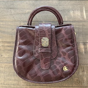Vintage Claret Croc Embossed Handbag with Gold Tone Hardware