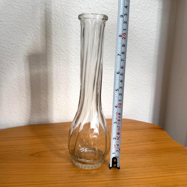 Pu&ograve; includere: Un vaso di vetro trasparente con una forma sottile e allungata e una base leggermente svasata. Il vaso presenta un design strutturato e a coste lungo il corpo. Un metro a nastro &egrave; posto accanto al vaso, indicando l'altezza. Il vaso &egrave; alto circa 20 cm.