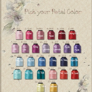 May include: A color chart showing 27 different thread colors with their corresponding numbers and names. The colors include pink, fuchsia, mauve, cranberry, cherry red, lilac, lavender, purple, baby blue, sky blue, bluejay, navy blue, teal, coral, yellow, and sunflower.