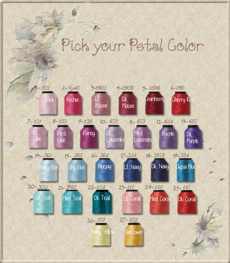 May include: A color chart showing 27 different thread colors with their corresponding numbers and names. The colors include pink, fuchsia, mauve, cranberry, cherry red, lilac, lavender, purple, baby blue, sky blue, bluejay, navy blue, teal, coral, yellow, and sunflower.
