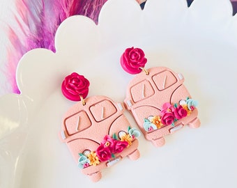 Handmade Floral Vintage Van Earrings: Gold Plated, Polymer Clay