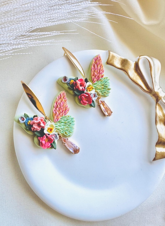 Spring Floral Butterfly Earrings | Handmade Polymer Clay Earrings | Pastel Butterfly Earrings