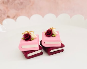 Floral Book Earrings: Handmade Polymer Clay, Gold Plated
