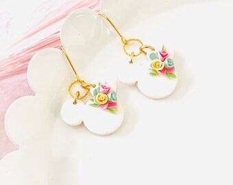 Floral Mouse Earrings: Polymer Clay, 14k Gold Plated