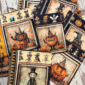 May include: A collection of fabric zipper pouches featuring Halloween-themed illustrations of jack-o'-lanterns, skeletons, owls, and monsters. The designs include black borders with orange and yellow accents, showcasing various spooky characters in hats.