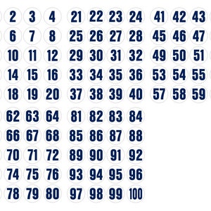 May include: White circles with black outlines and blue numbers from 1 to 100.