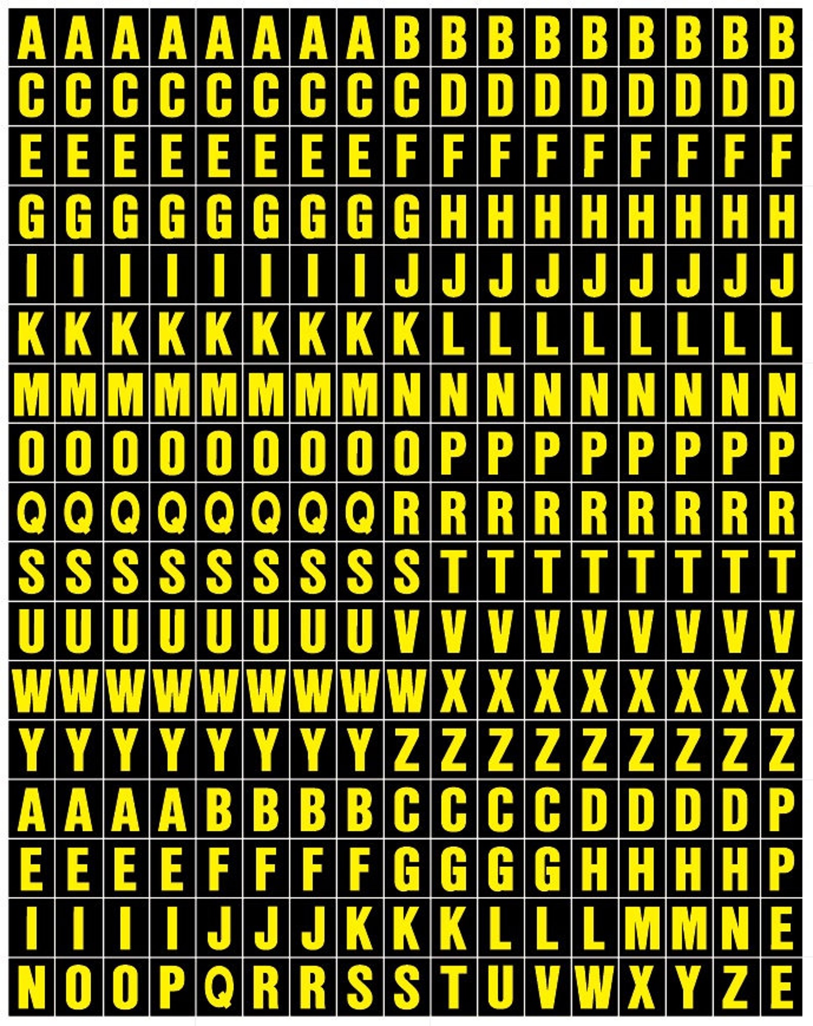 Peel and Stick Letters 1/2 Half Inch LETTERS ONLY COMBO Yellow on Black