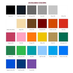 May include: A chart showing 25 different color swatches with their corresponding names and numbers. The colors include black, white, gray, beige, brown, burgundy, tomato red, red, magenta, pink, orange, yellow, gold, dark green, green, light green, teal, light blue, olympic blue, medium blue, sapphire blue, dark blue, and purple.