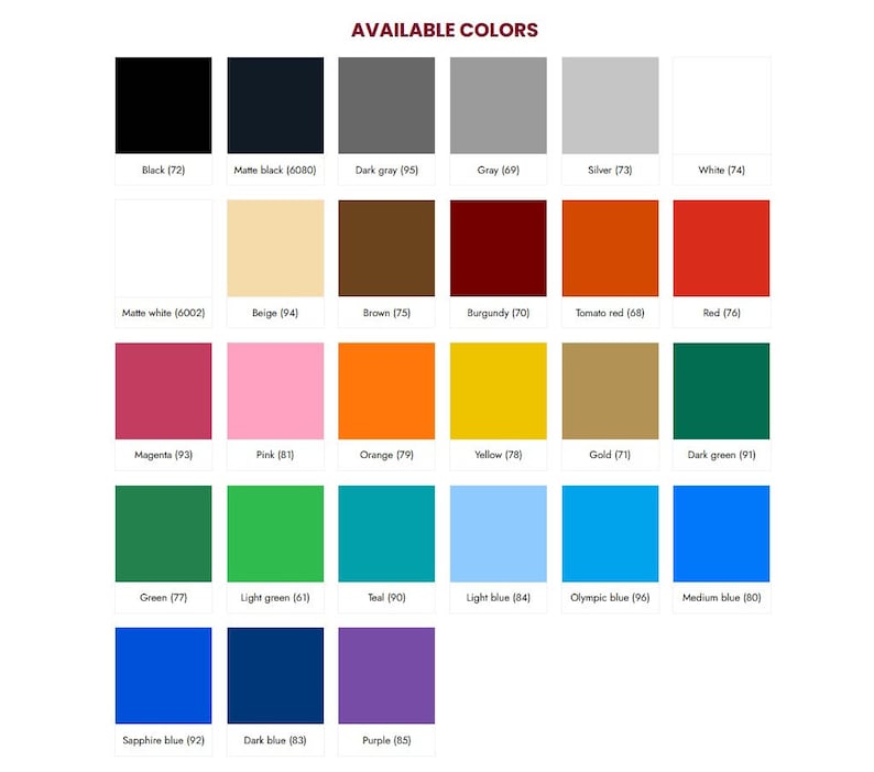 May include: A chart showing 25 different color swatches with their corresponding names and numbers. The colors include black, white, gray, beige, brown, burgundy, tomato red, red, magenta, pink, orange, yellow, gold, dark green, green, light green, teal, light blue, olympic blue, medium blue, sapphire blue, dark blue, and purple.