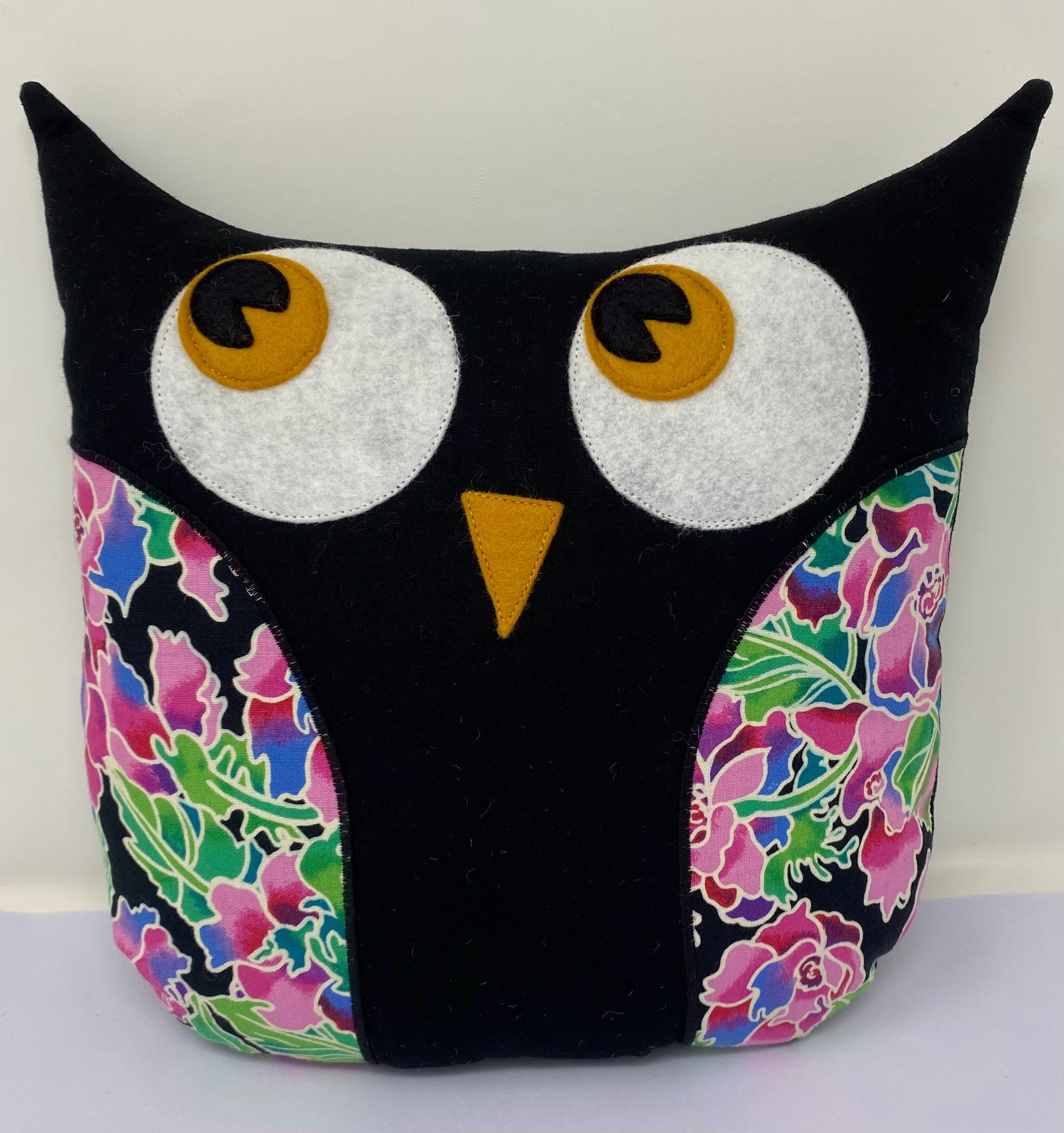 Handmade Stuffed Owl Pillow, Black Cotton, Floral Wings, Nursery Decor