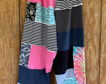 Upcycled Patchwork T-Shirt Pants, Funky Lounge Wear, Size Medium