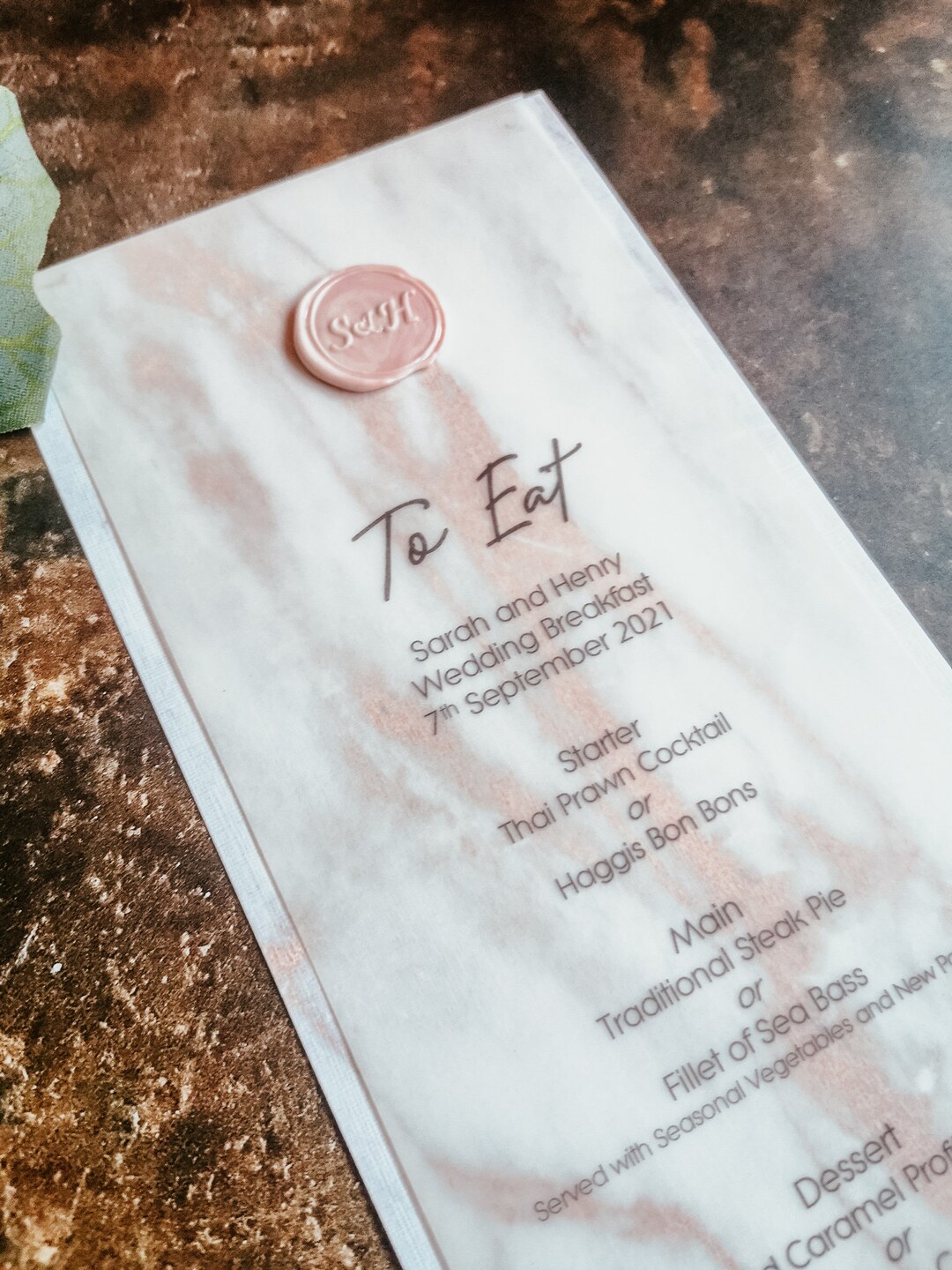 Slim Marble and Vellum Menu Card Wax Seal Personalised Wedding Breakfast Table Menu Etsy