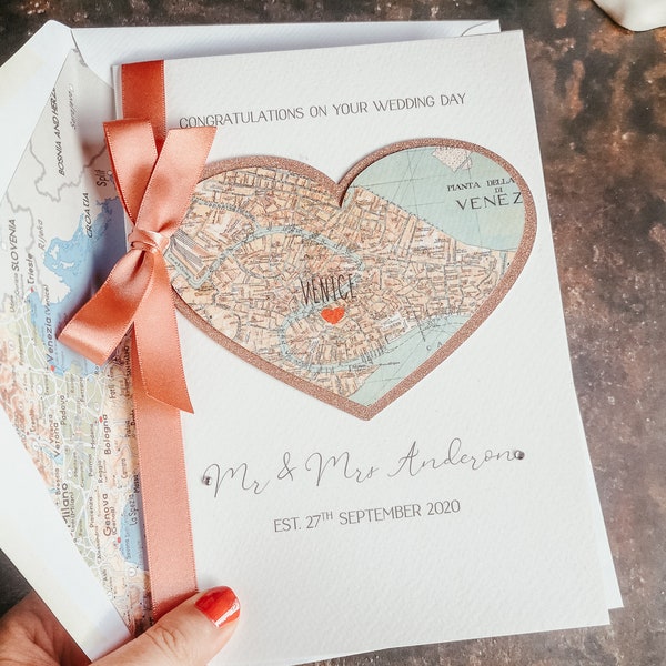 Wedding Card Personalised Map Destination Design Various Colours Personalised Couple Gift