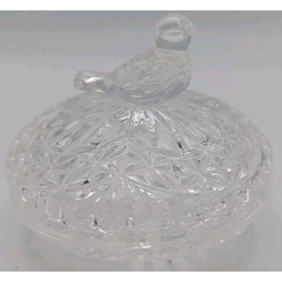 Vintage Crystal Clear Trinket Ring Dish with Bird Lid Tiny Pressed Glass