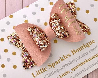 Personalised Pair Of Small Any Name Glitter Hair Bows