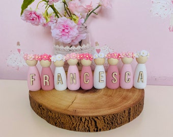 Personalised peg dolls name floral crown doll pegs dolls peg bedroom accessories girls shelf decor nursery decor girls bedroom