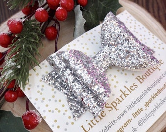Noeud argenté moyen à paillettes, accessoire pour cheveux scintillant pour photo
