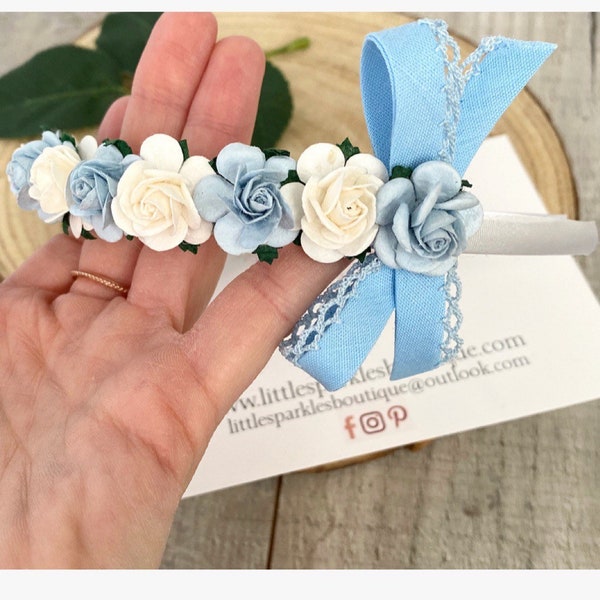Flower headband, blue flower headband, tie bow, girls headband, wedding hair accessories, phot shoot prop,