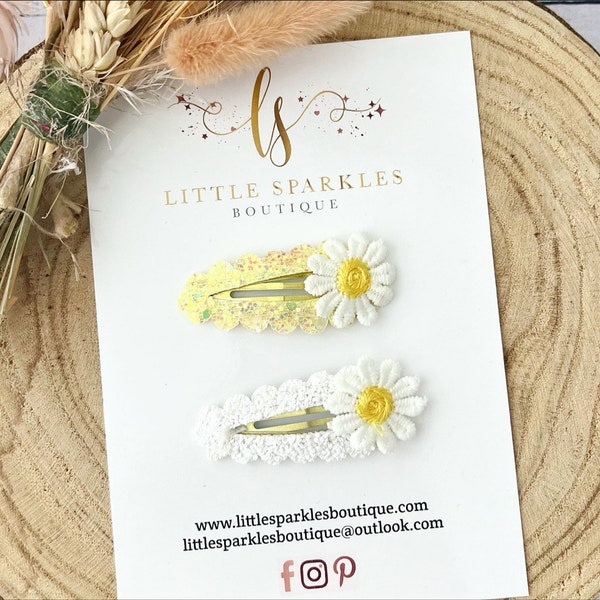 Daisy hair clip, Daisy clip,snap clip set, fringe clip,baby clip, lemon glitter bow, white glitter bow