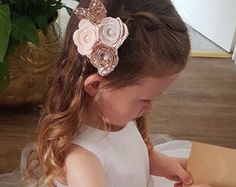 Flower headband, rose cluster, rose gold bow, baby/girl headband, wedding hair, hair accessories, cake smash prop